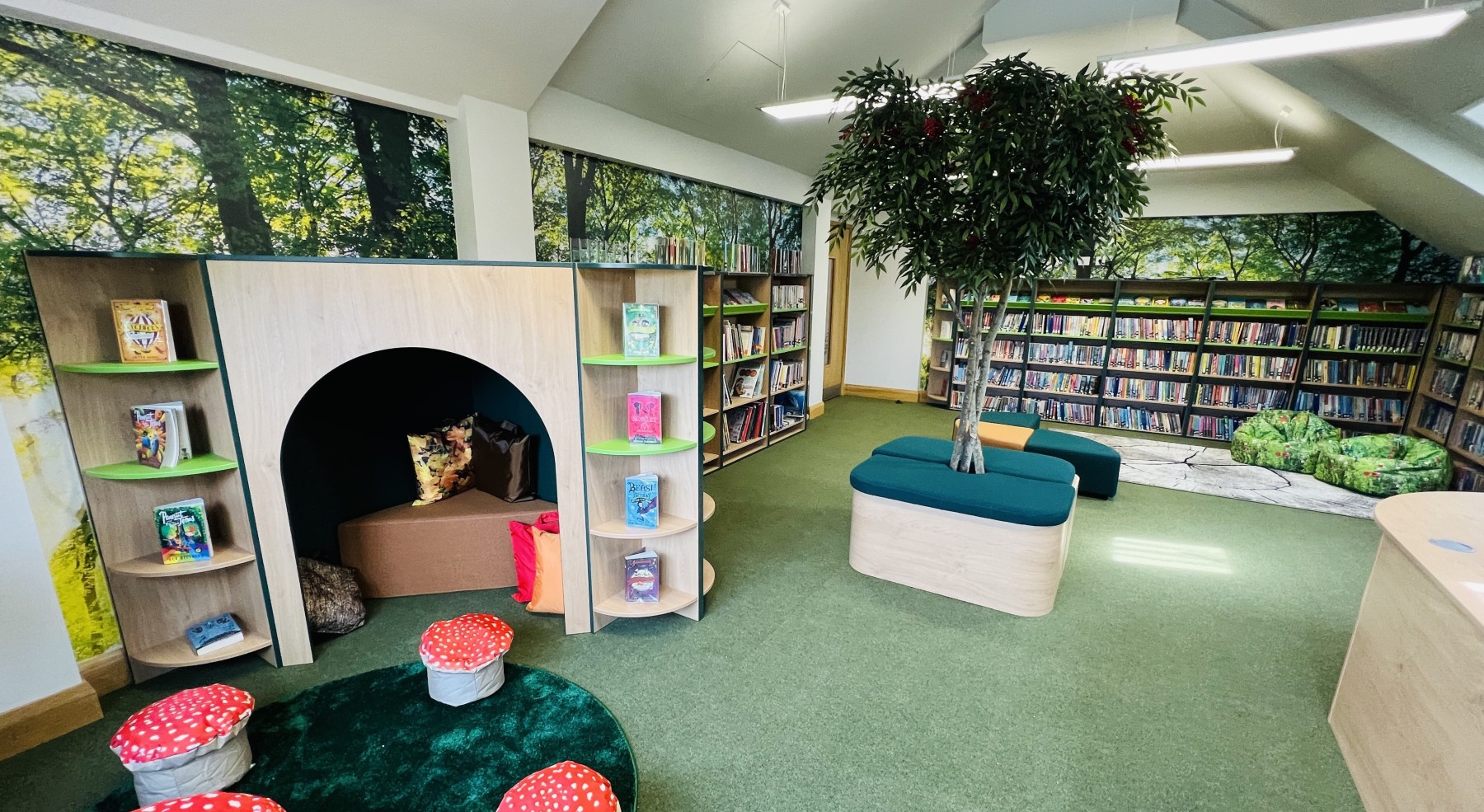 Interior design for libraries, creating bespoke childrens reading corners and bookcases for schools.