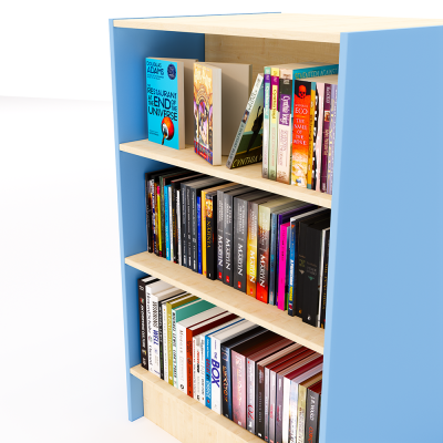 Closeup of the front and side of a double sided bookshelf